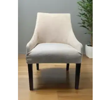 Beige fabric single sofa with curved wooden arms for rent | Estajer