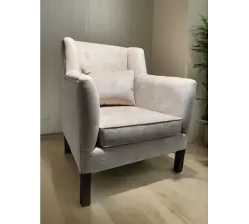 Beige fabric single sofa with raised curved wooden arms for rent | Estajer