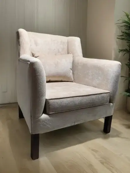 Beige fabric single sofa with raised curved wooden arms - Main image for rent | Estajer
