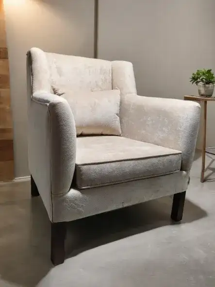 Beige fabric single sofa with raised curved wooden arms - Image 3 for rent | Estajer