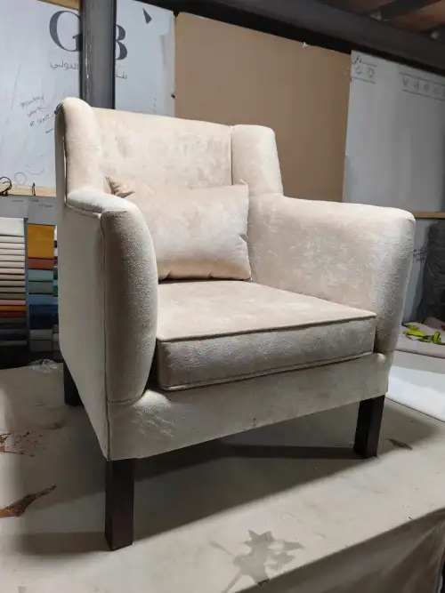 Beige fabric single sofa with raised curved wooden arms - Image 2 for rent | Estajer