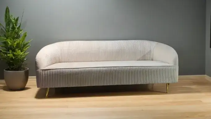 Large circular sofa upholstered in luxurious fabric with golden legs - Main image for rent | Estajer