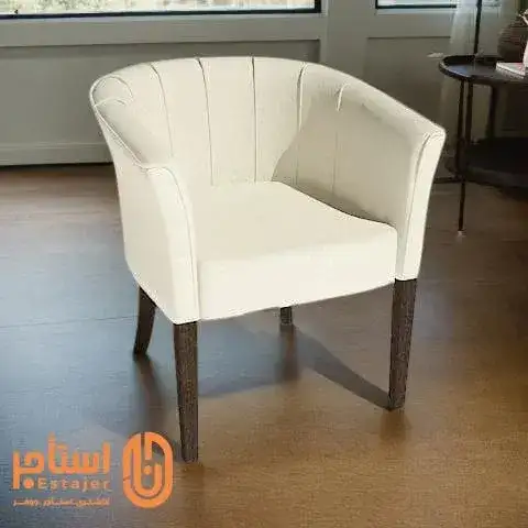 Modern white single sofa with side arms, wooden legs, and striped tufted back - Main image for rent | Estajer