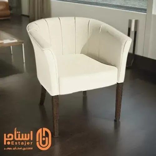 كنب مفرد ابيض مودرن بمساند جانبية وارجل خشبية وظهر منجد نمط مخطط مناسب للاستقبال والمناسبات2