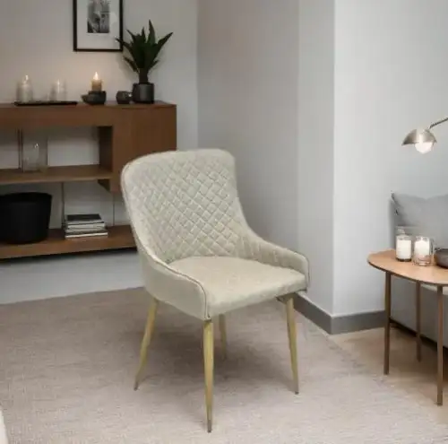 Modern chair upholstered with light beige diamond pattern - Image 3 for rent | Estajer
