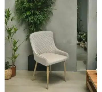 Modern chair upholstered with light beige diamond pattern for rent | Estajer
