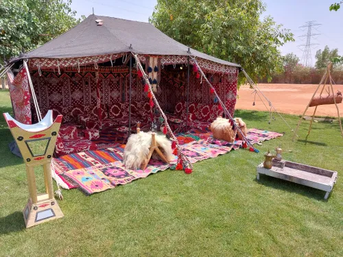 خيمة شعبية (بيت شعر) لونين أبيض وأسود مع سجاد أرضي وإنارة داخلية 2