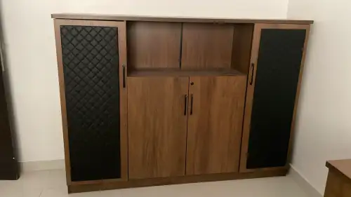 Double-Door Wooden Cabinet with Black Leather Detailing – Cinematic Decor - Image 2 for rent | Estajer