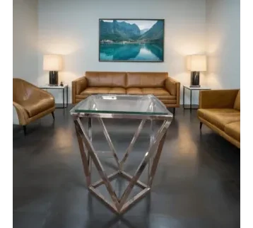 طاولة خدمة زجاجية حديثة  بإطار معدني كروم لماع مناسبة للتقديمات في الحفلات والاستقبالات للإيجار | استأجر