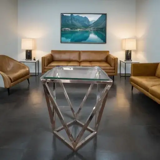 طاولة خدمة زجاجية حديثة  بإطار معدني كروم لماع مناسبة للتقديمات في الحفلات والاستقبالات - الصورة الرئيسية للإيجار | استأجر