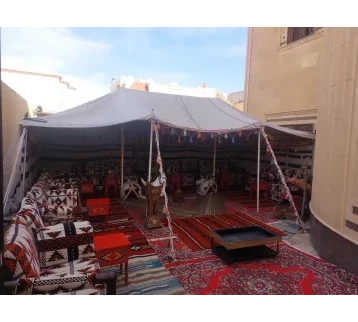 Traditional Bedouin Tent – 4x6 m | Two-Tone Black & White with Carpet & Lighting for rent | Estajer