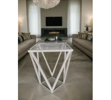 طاولة خدمة زجاجية حديثة بإطار معدني أبيض مناسبة للتقديمات في الحفلات والاستقبالات للإيجار | استأجر