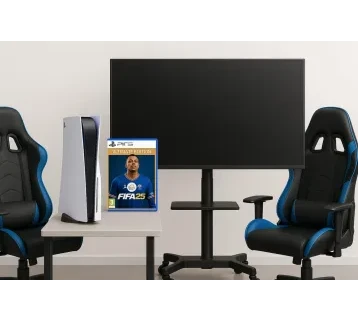شاشة مع إستاند + جهاز PS5 و FIFA2025 واستاند للجهاز ,🎮 عيش أجواء التحدي وكأنك على أرض الملعب! للإيجار | استأجر
