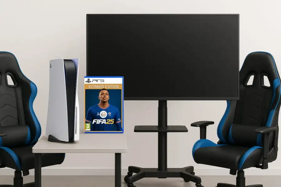 شاشة مع إستاند + جهاز PS5 و FIFA2025 واستاند للجهاز ,🎮 عيش أجواء التحدي وكأنك على أرض الملعب! - الصورة الرئيسية للإيجار | استأجر
