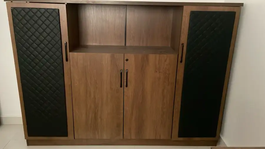 Double-Door Wooden Cabinet with Black Leather Detailing – Cinematic Decor - Main image for rent | Estajer